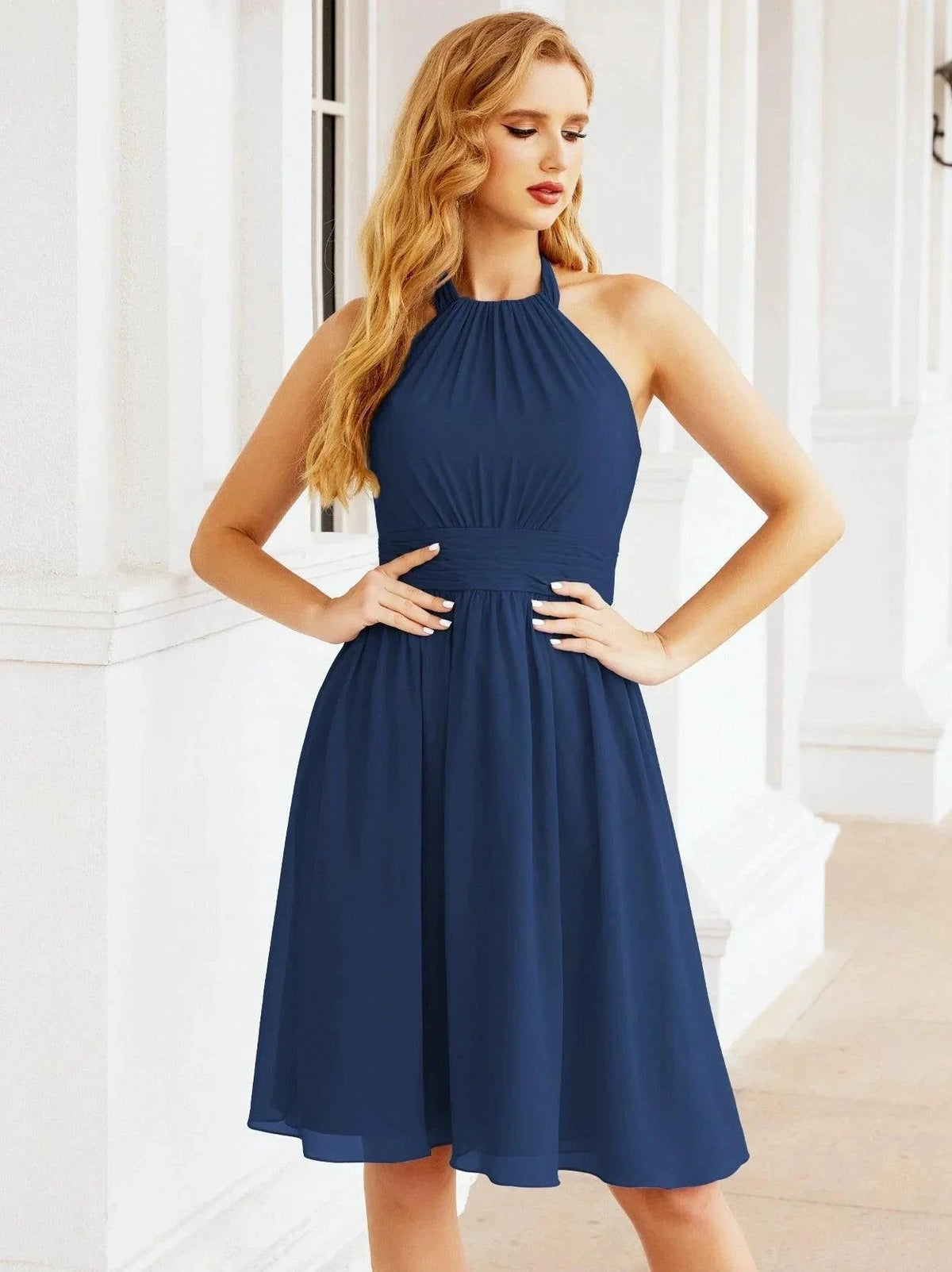ZapDress Halter Chiffon Bridesmaid Dresses Short Sleeveless Formal Party Dress Open Back 28023 (ZD16957)