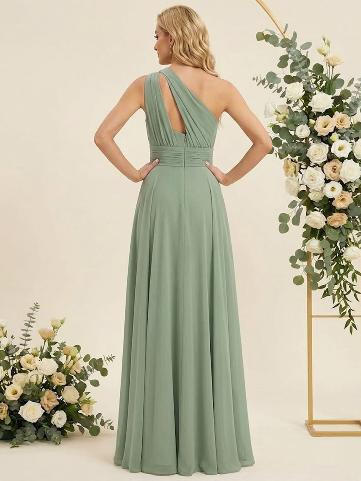 One-Shoulder Pleat A-Line Chiffon Long Bridesmaid Dresses - View 2 | FashionDia