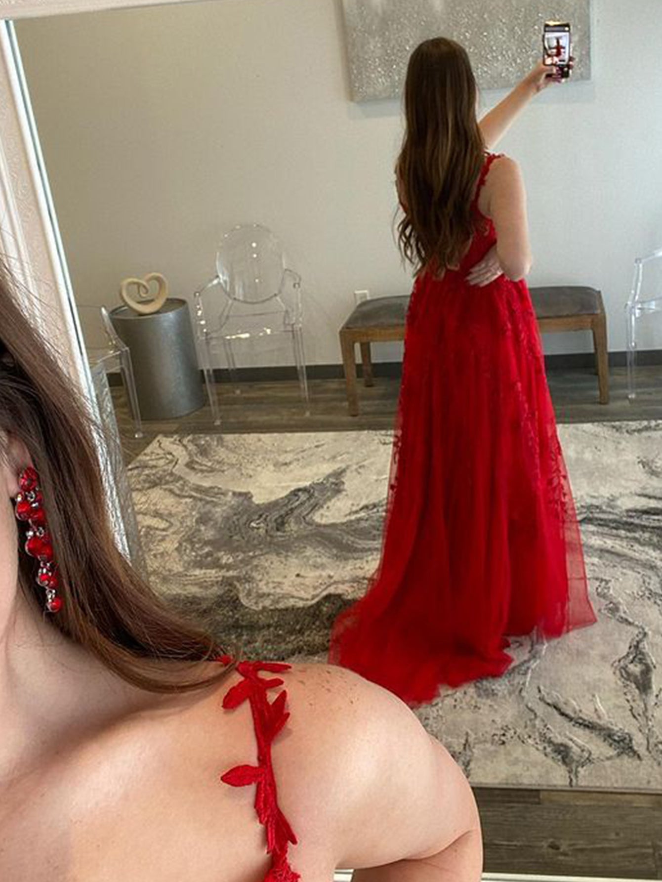 A Line Navy Straps Lace Long Prom Dress - Fashionpara