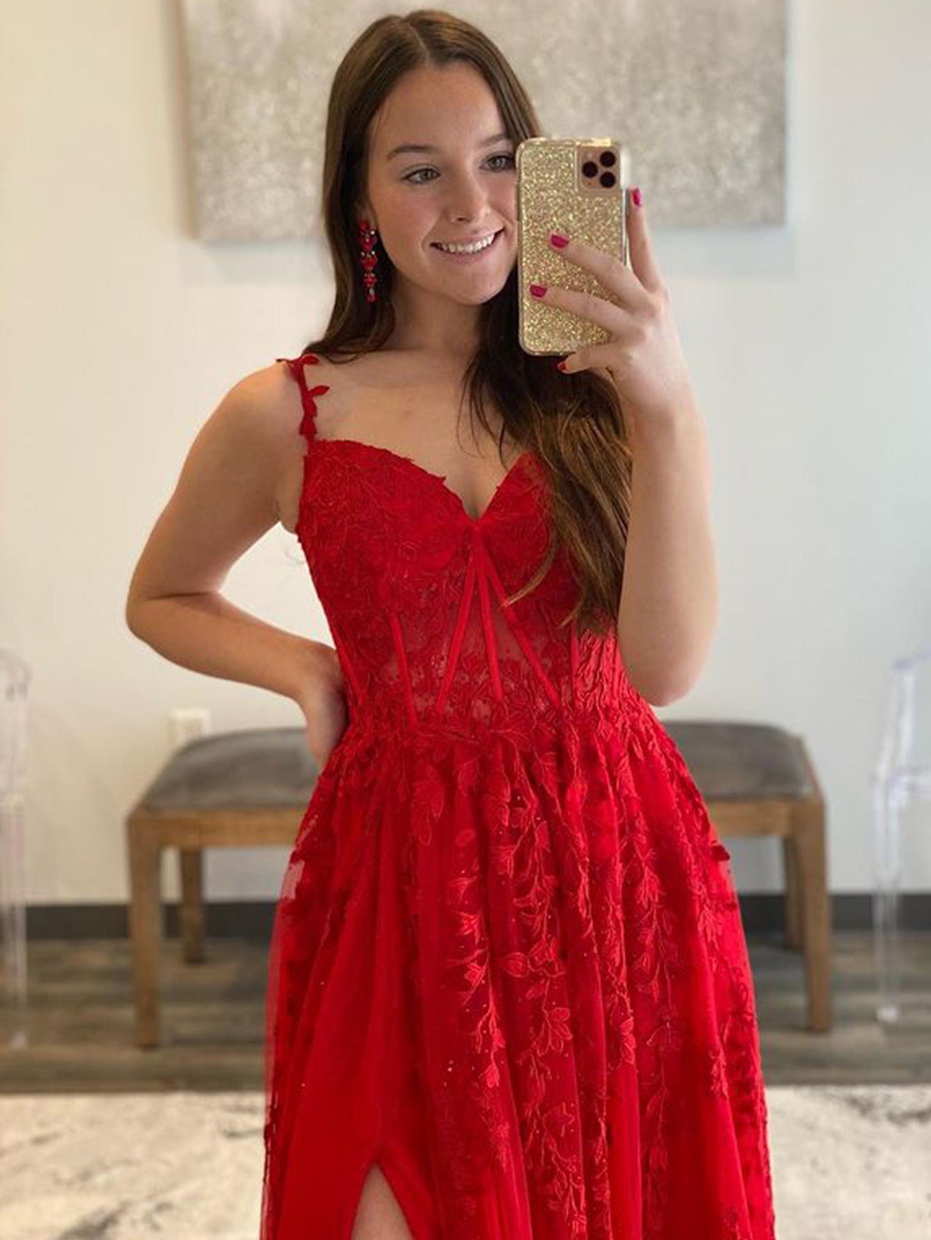 A Line Navy Straps Lace Long Prom Dress - Fashionpara