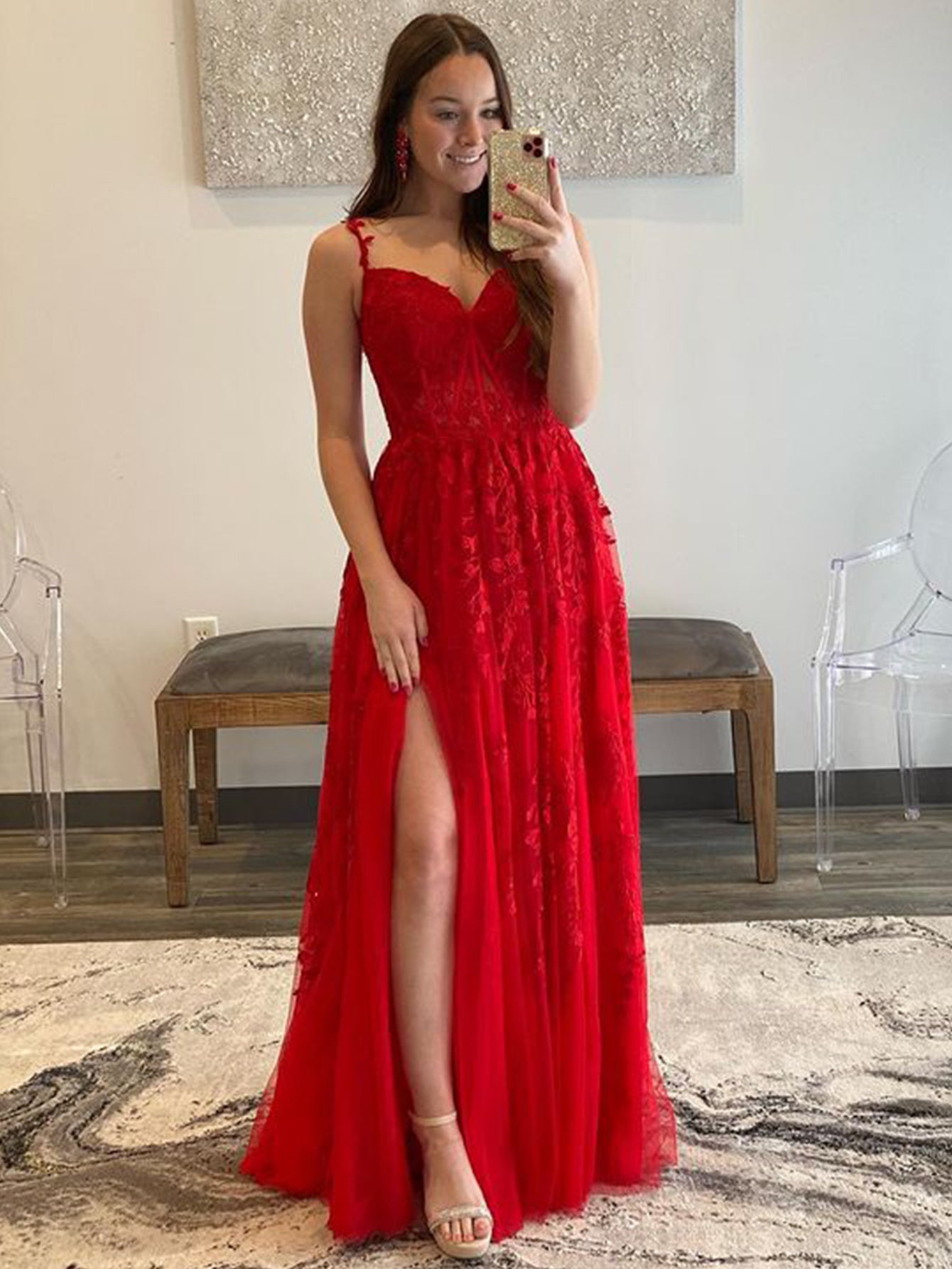 A Line Navy Straps Lace Long Prom Dress - Fashionpara