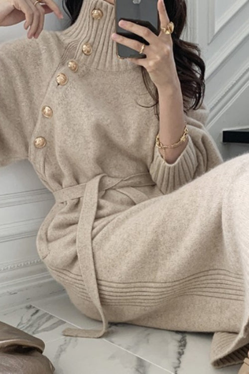 Tie Waist Knit Turtleneck Long Sweater Dress - View 4 | VelvetHem