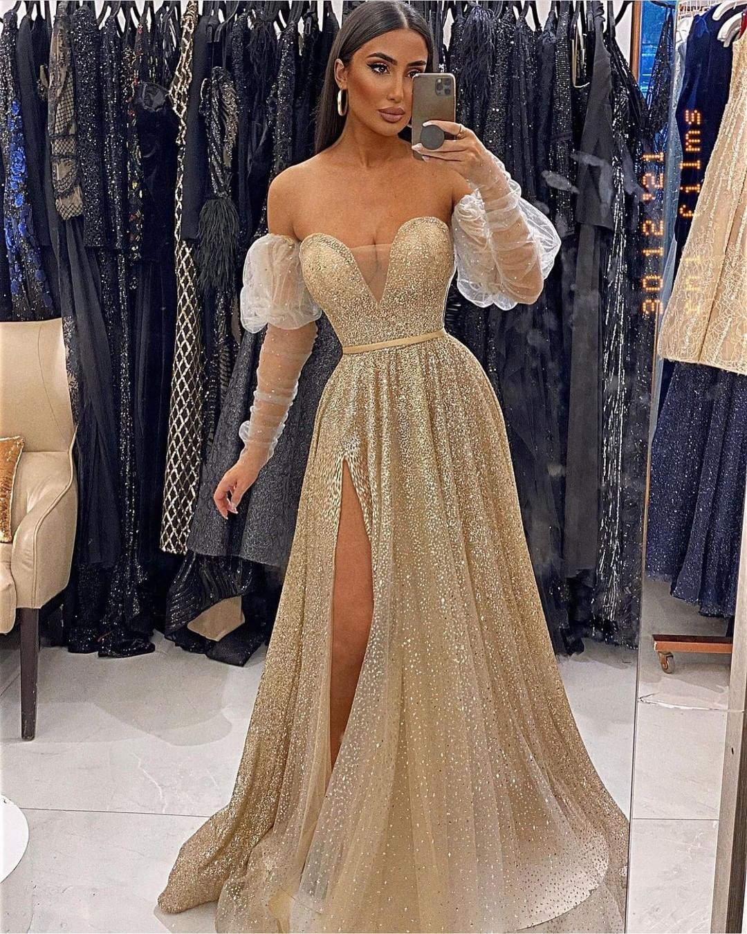 Sweetheart Long Sleeves Prom Dress Sequins With Slit - View 2 | VelvetHem