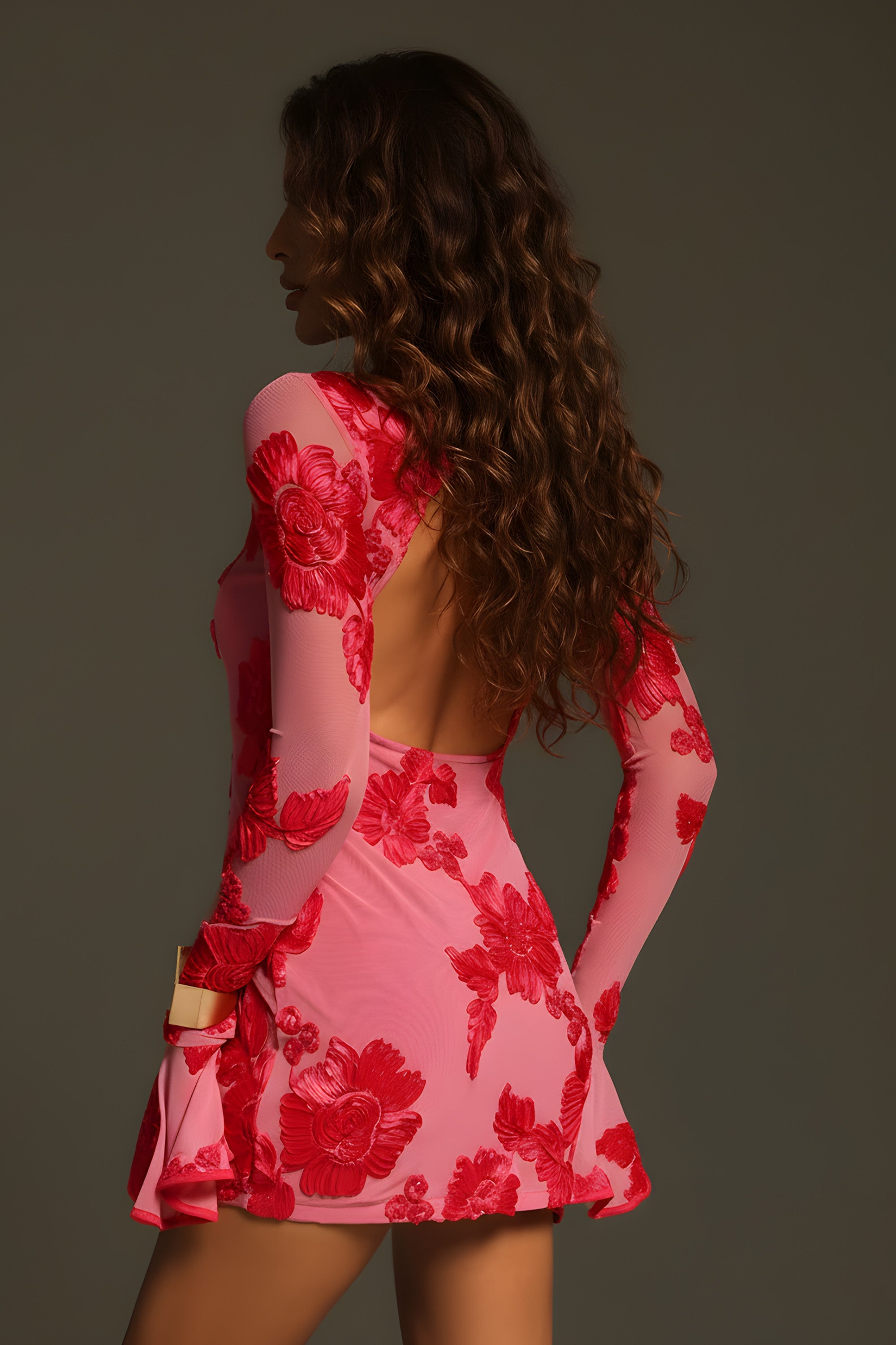 Long-Sleeve Floral Appliqué Mini Dress with Open Back Detail