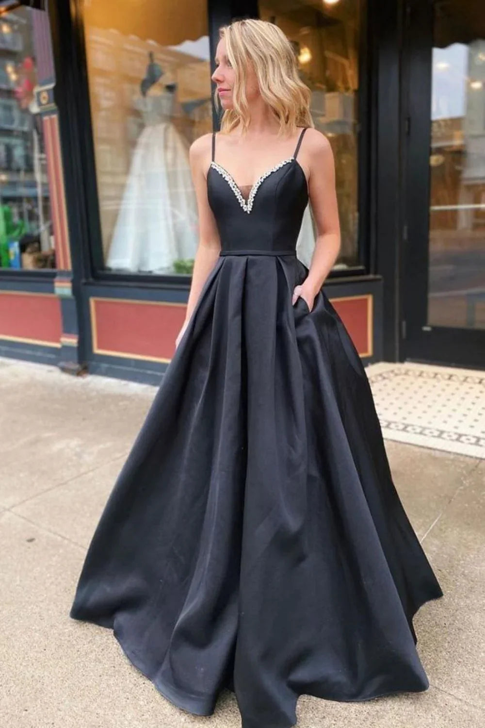 A Line Spaghetti Straps Black Prom Dress with Beading