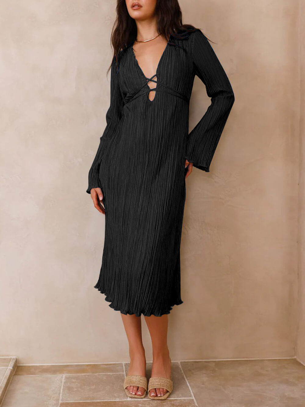 Mountain Vistas Draped Pleated Bell Sleeve Midi Dress