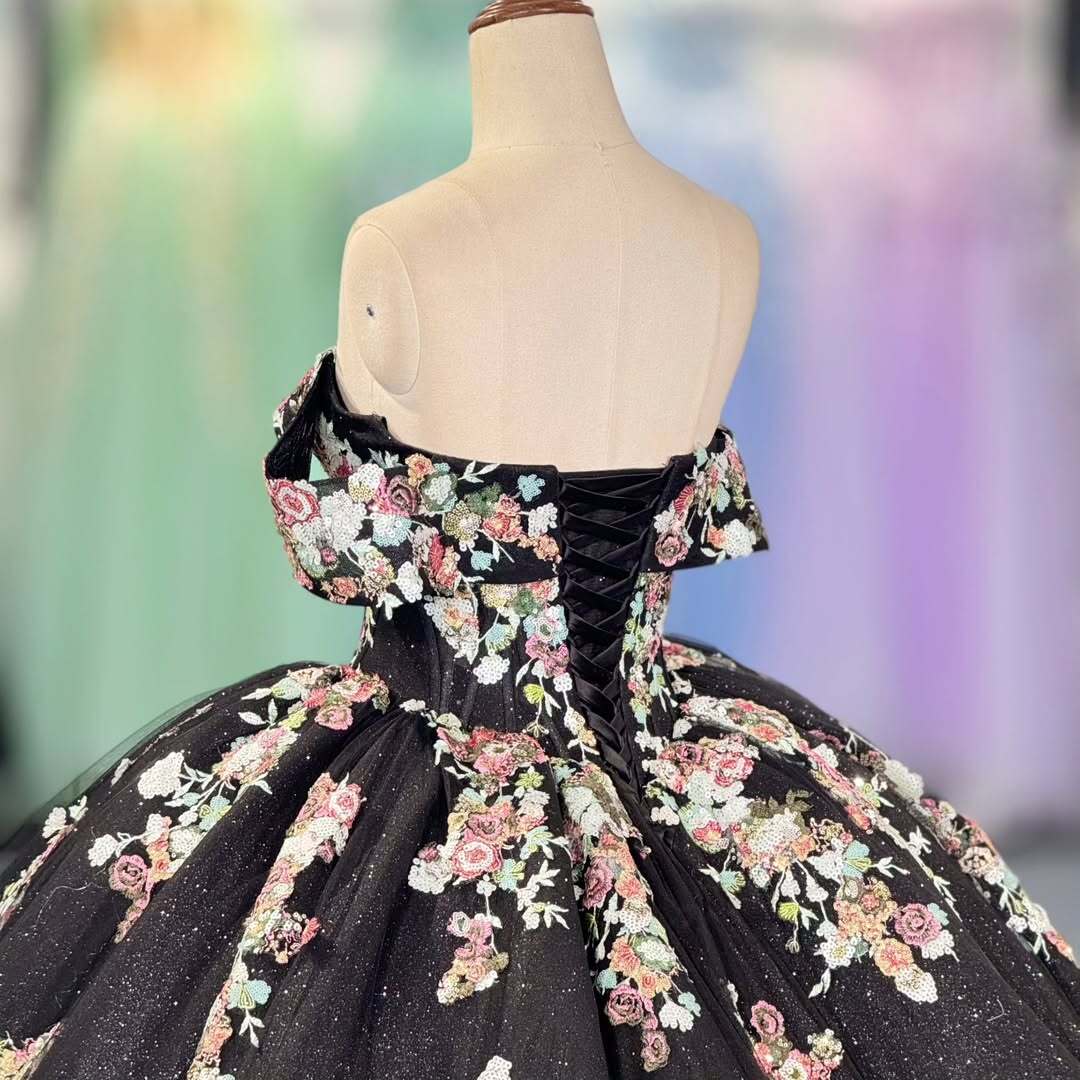 Charming A Line Off the Shoulder Black Ball Gown Quinceanera Dress with Appliques