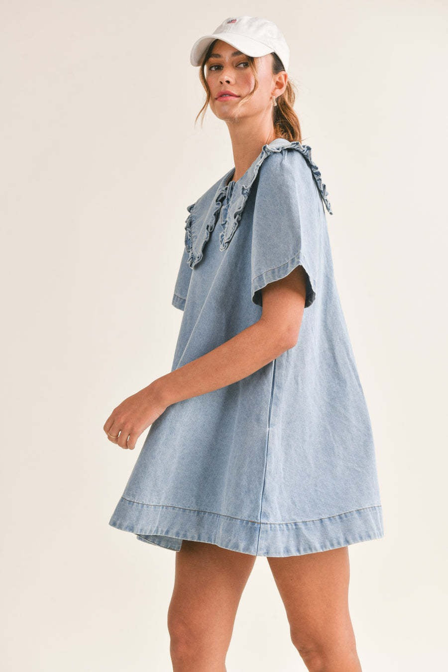 Ruffled Collar Denim Dress - View 3 | VelvetHem