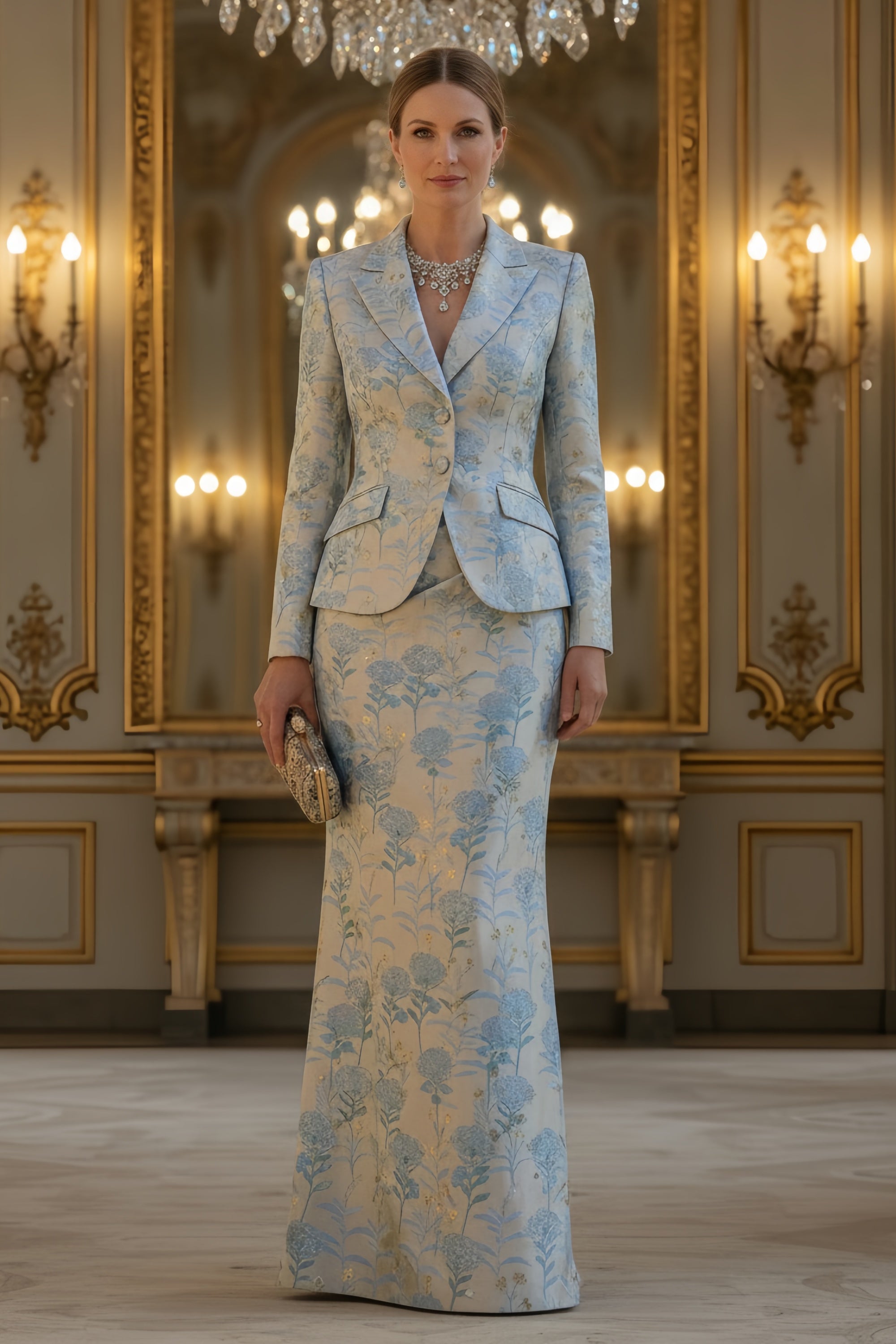 Elegant Floral Jacquard Blazer and Floor Length Skirt Set
