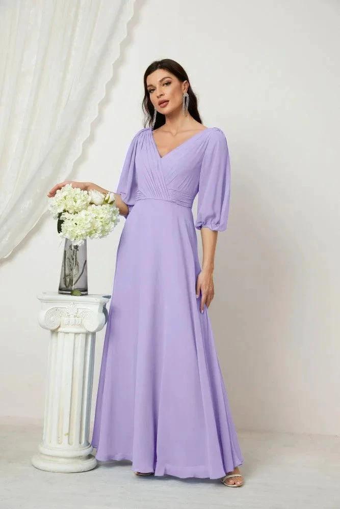 Numbersea Formal Prom Gown Women V-Neck Chiffon Bridesmaid Dresses Long Bishop Sleeve Party Dress 2807 by numbersea