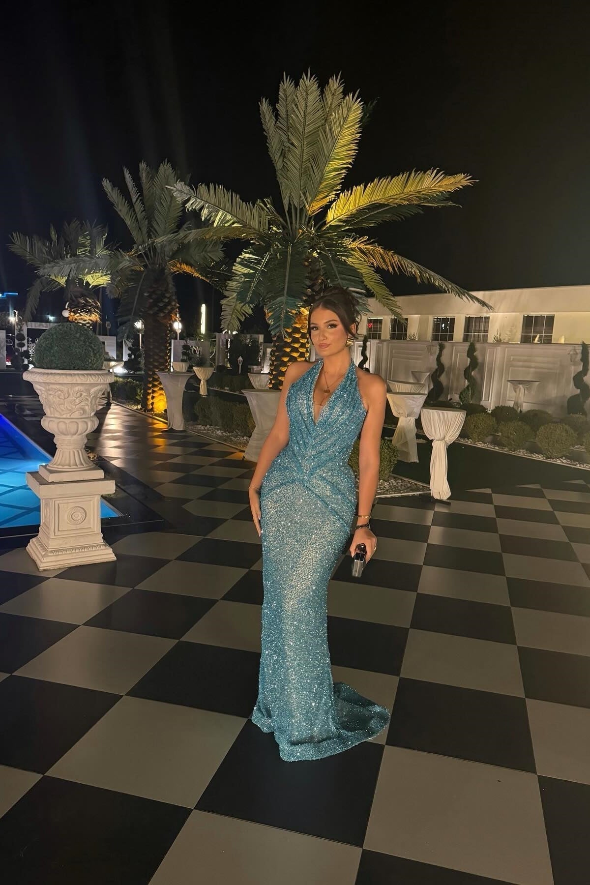 Sparkly Mermaid Halter Neck Blue Sequins Long Party Dress with Train