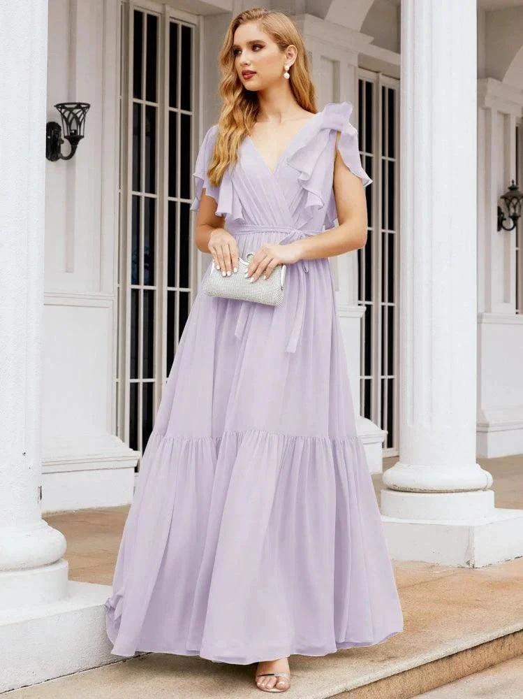 Numbersea Women's Open Back Formal Evening Party Prom Gowns V-Neck Long Chiffon Bridesmaid Dresses with Waist Belt 28038 by numbersea