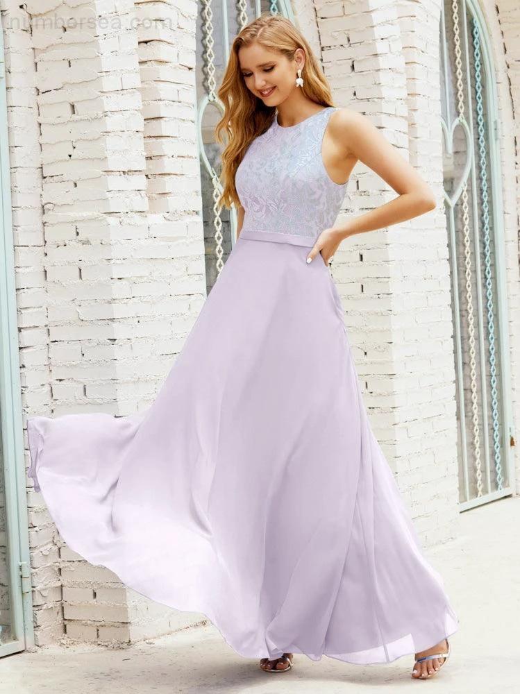Lace Bridesmaid Dress Floor Length Evening Gowns with Pockets 28017 (ZD16964)