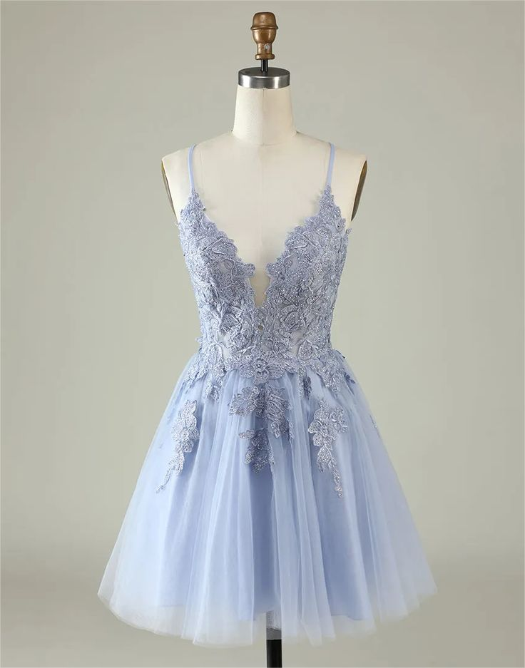 Spaghetti Straps Tulle Appliques Short Backless Prom Dress Party Dress