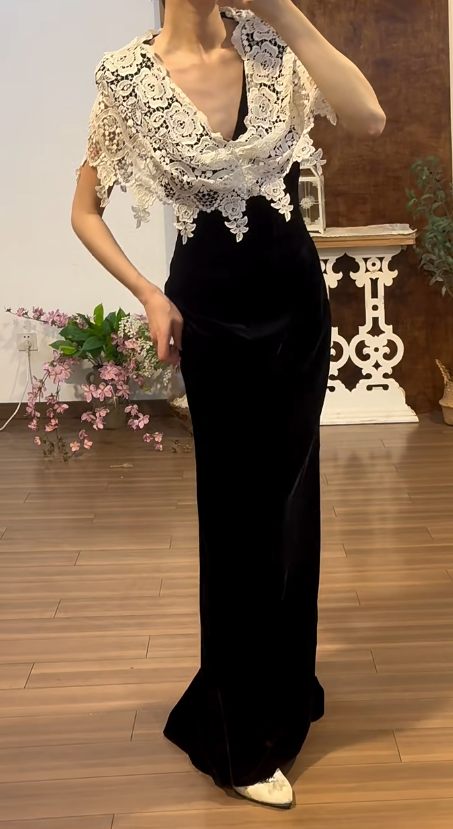 Black Mermaid Prom Party Dress White Lace Evening Dress Birthday Outfit