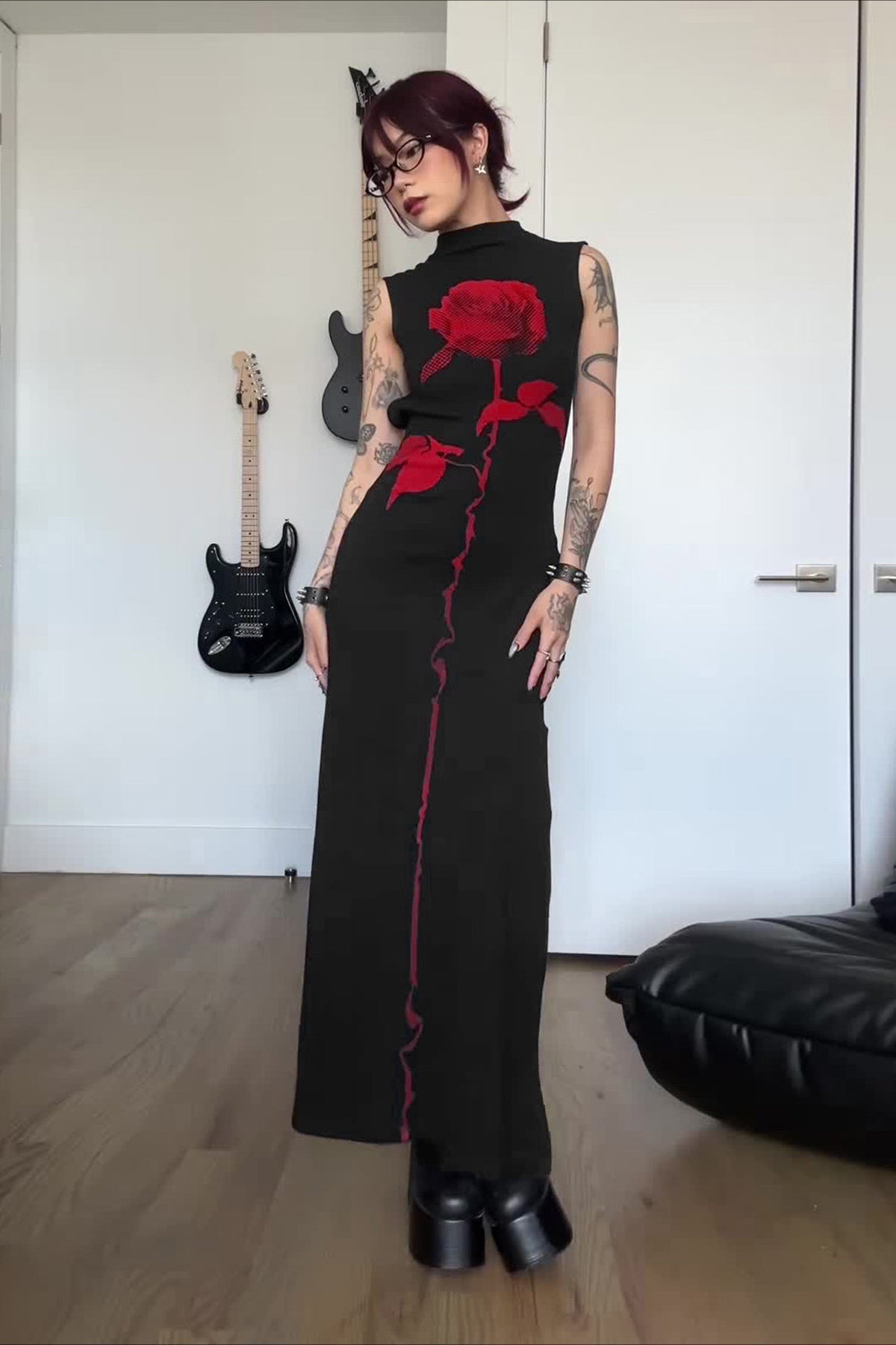 Dark Rose Floral High Neck Sleeveless Side Slit Bodycon Maxi Dress - Fashionpara