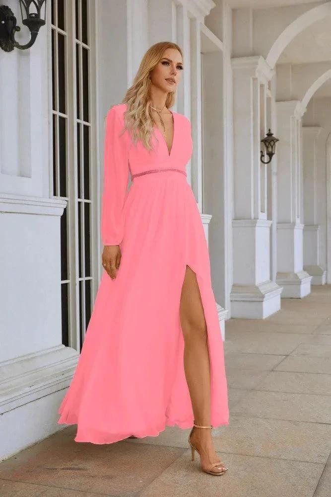 Ladies V Neck Chiffon Long Sleeve Front Slit Bridesmaid Evening Dress Wedding Party Shopping Evening Dress 28109 by numbersea
