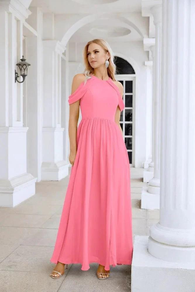 Ladies Chiffon Off Shoulder Swing Sleeve Front Slit Bridesmaid Evening Dress Wedding Party Evening Dress 28117 by numbersea