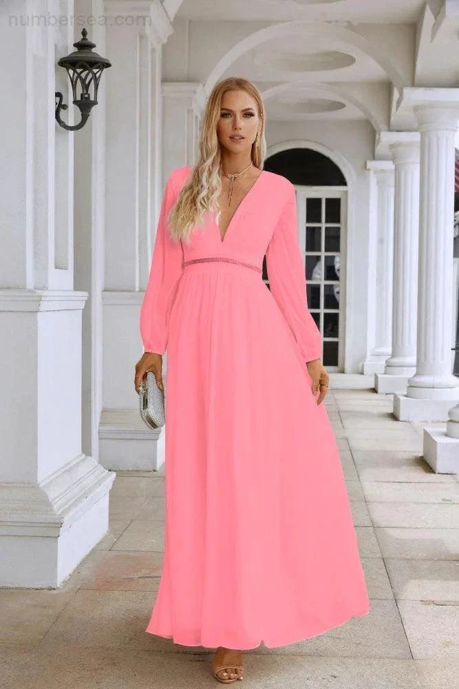 Ladies V Neck Chiffon Long Sleeve Front Slit Bridesmaid Evening Dress Wedding Party Shopping Evening Dress 28109 (ZD16991)
