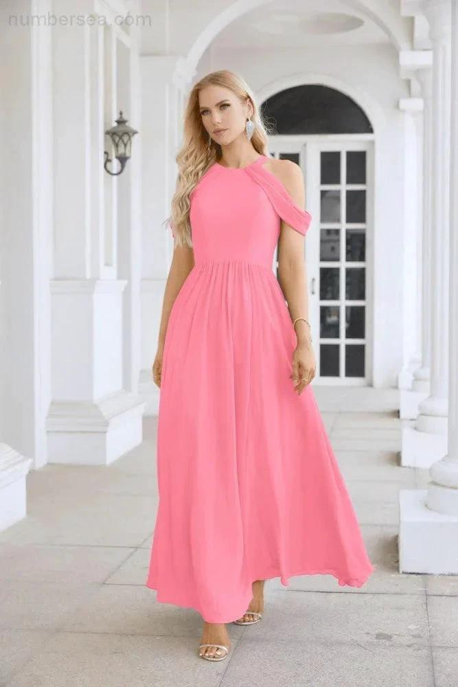 Ladies Chiffon Off Shoulder Swing Sleeve Front Slit Bridesmaid Evening Dress Wedding Party Evening Dress 28117 (ZD17011)