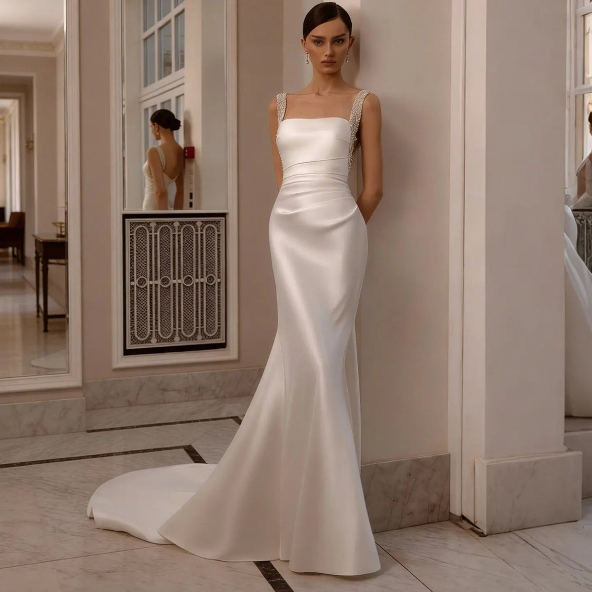 Luxury White Satin Beaded Overlay Mermaid Train Wedding Dress ZP130