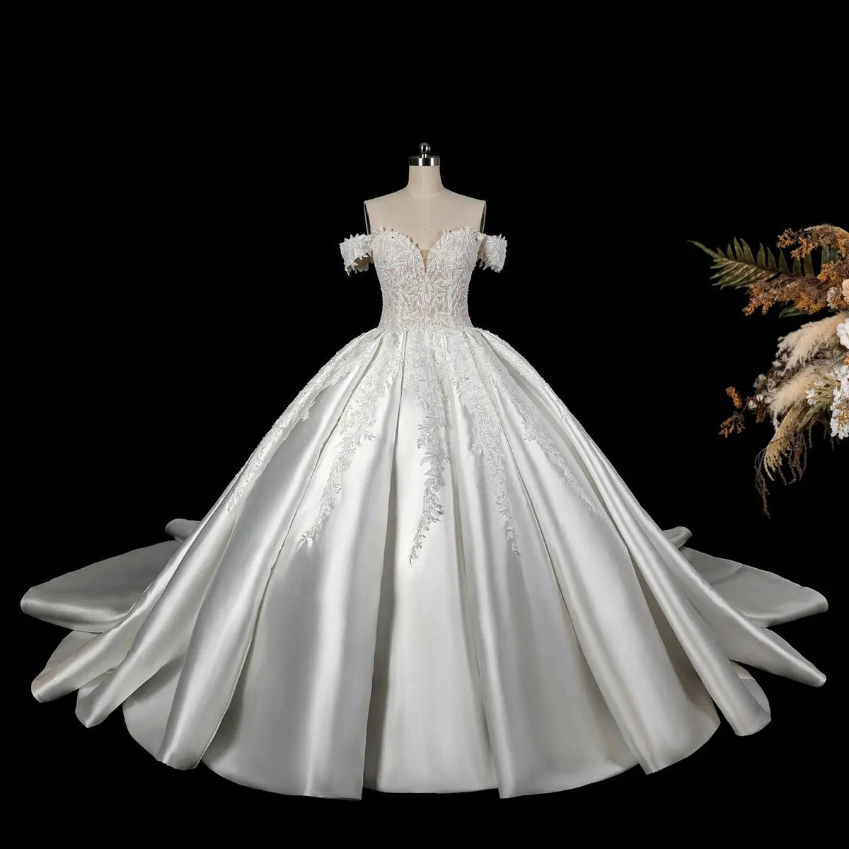 Luxury White Off-the-Shoulder Lace Satin Ball Gown Wedding Dress ZP069