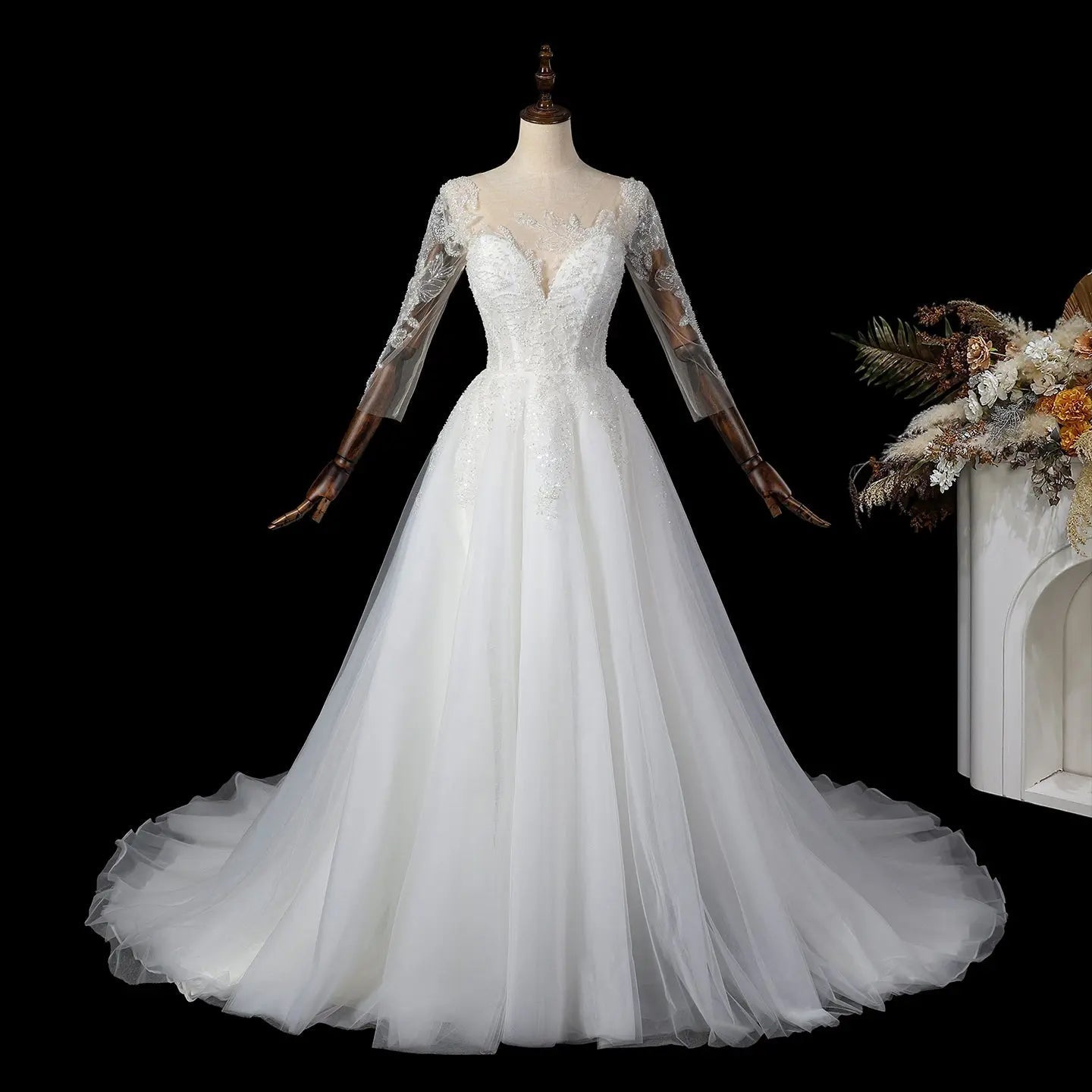 Glamorous White Illusion Neck Lace & Tulle Wedding Dress with Cathedral Train ZP063