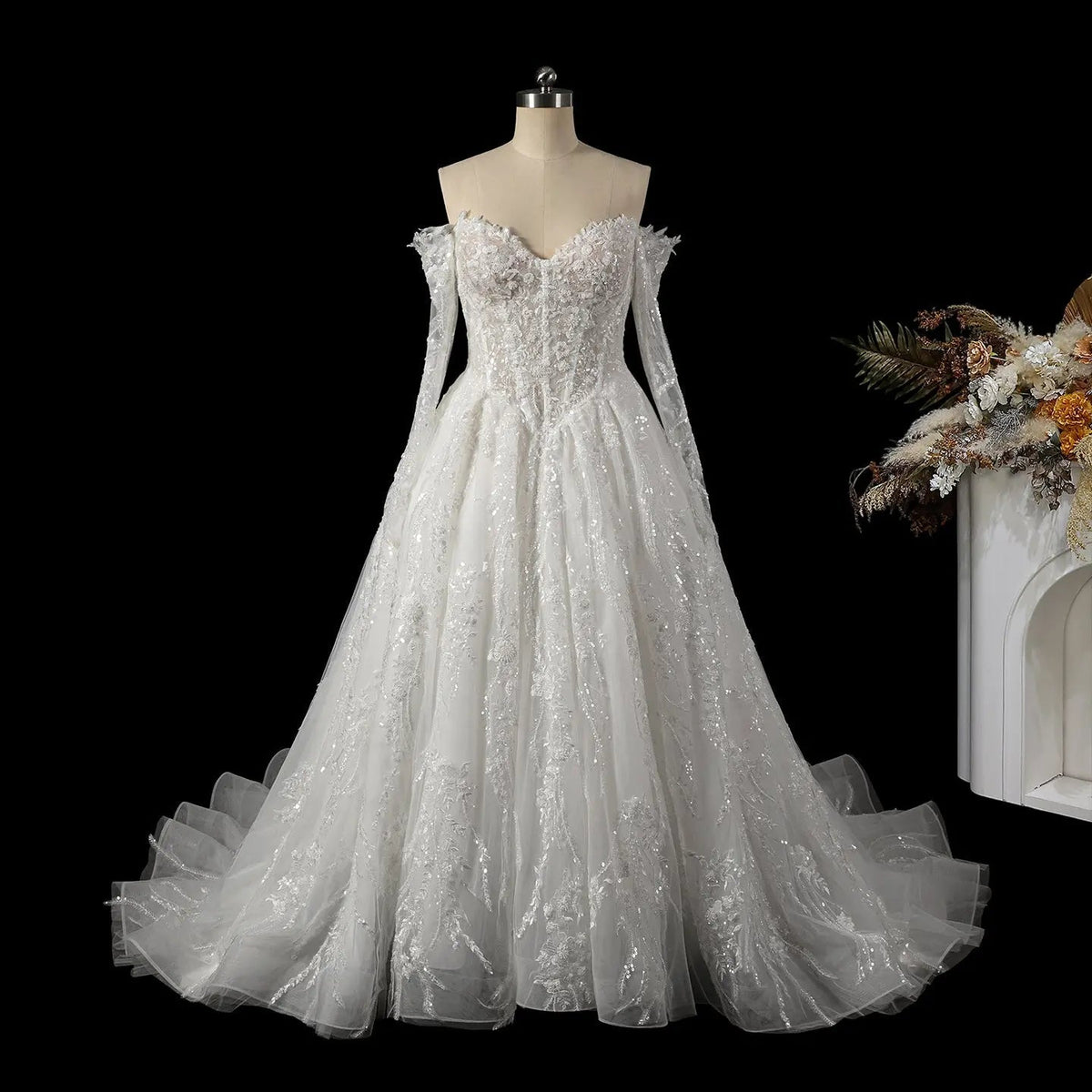 Luxury White Off-the-Shoulder Long Sleeve Lace Tulle Ball Gown Wedding Dress ZP068