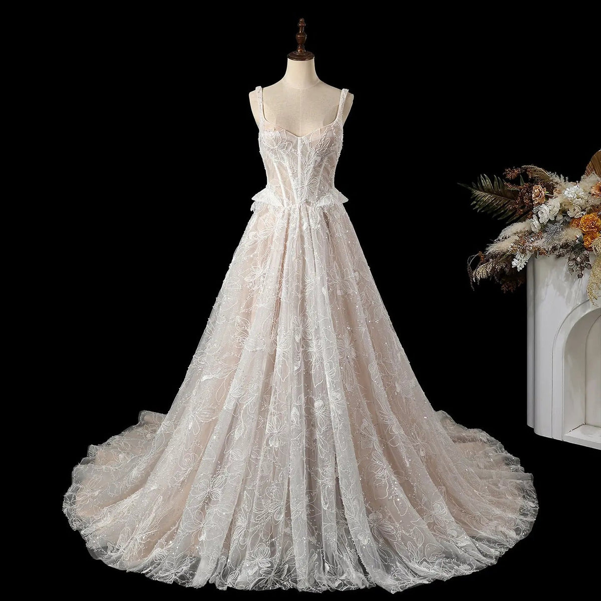 Luxury Ivory Square Neck Corset Lace Tulle A-Line Wedding Dress with Train ZP064