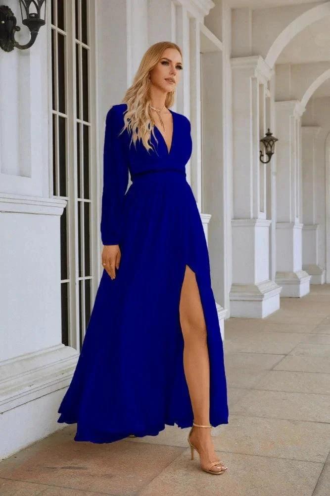 Ladies V Neck Chiffon Long Sleeve Front Slit Bridesmaid Evening Dress Wedding Party Shopping Evening Dress 28109 by numbersea