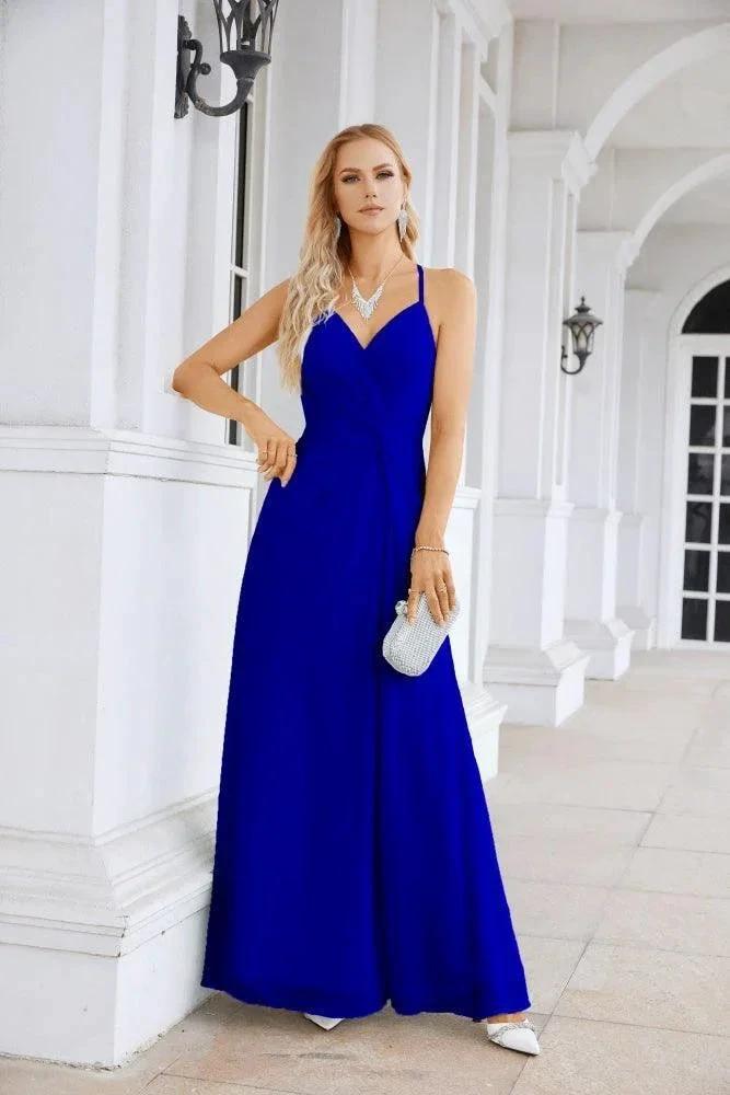 Ladies Chiffon Spaghetti Strap V Neck Front Slit Floor Length Bridesmaid Evening Dress Prom Party Wedding Evening Dress 28116 by numbersea