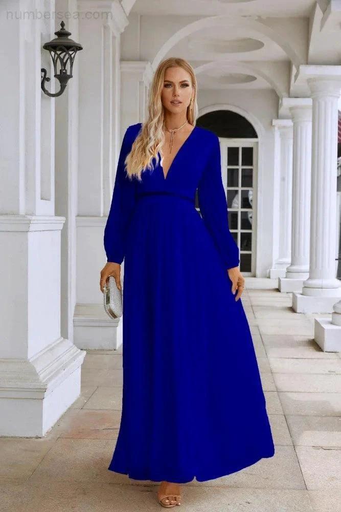 Ladies V Neck Chiffon Long Sleeve Front Slit Bridesmaid Evening Dress Wedding Party Shopping Evening Dress 28109 (ZD16991)