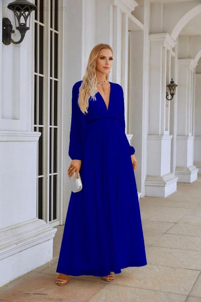Ladies V Neck Chiffon Long Sleeve Front Slit Bridesmaid Evening Dress Wedding Party Shopping Evening Dress 28109 (ZD16991)