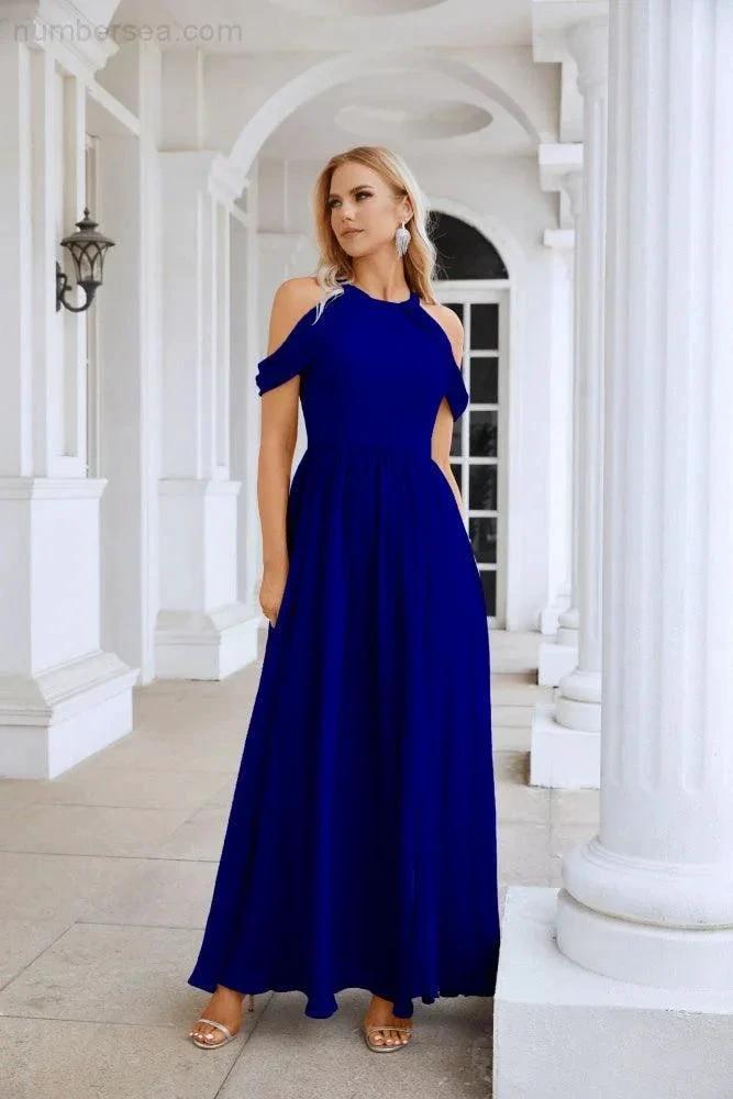 Ladies Chiffon Off Shoulder Swing Sleeve Front Slit Bridesmaid Evening Dress Wedding Party Evening Dress 28117 (ZD17011)