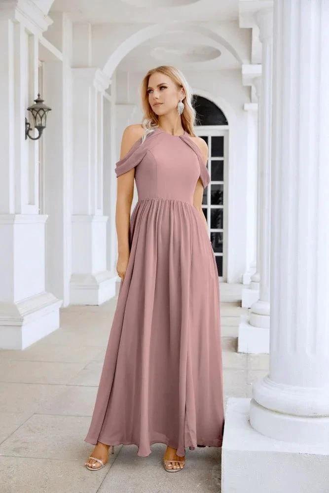 Ladies Chiffon Off Shoulder Swing Sleeve Front Slit Bridesmaid Evening Dress Wedding Party Evening Dress 28117 by numbersea