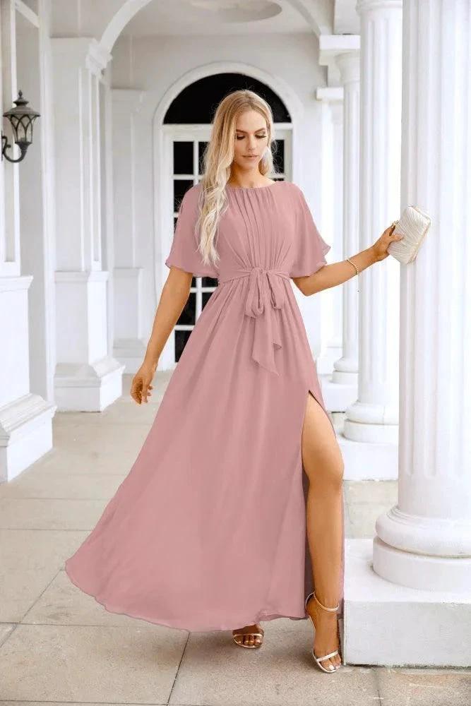Ladies Chiffon Sleeve Crew Neck Front Slit Floor Length Bridesmaid Evening Dress Wedding Party Evening Dress 28124 by numbersea