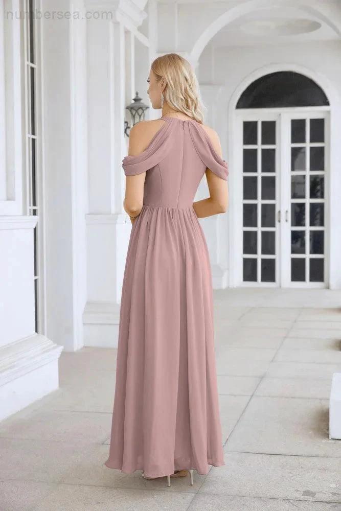 Ladies Chiffon Off Shoulder Swing Sleeve Front Slit Bridesmaid Evening Dress Wedding Party Evening Dress 28117 (ZD17011)