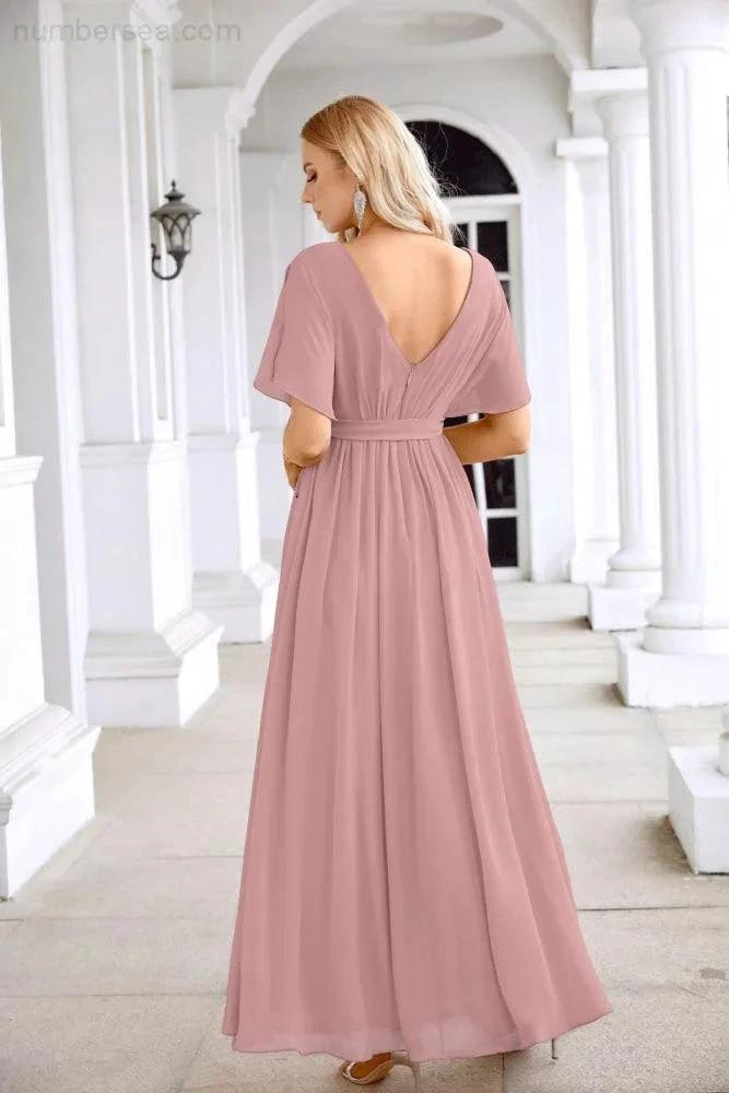 Ladies Chiffon Sleeve Crew Neck Front Slit Floor Length Bridesmaid Evening Dress Wedding Party Evening Dress 28124 (ZD17007)
