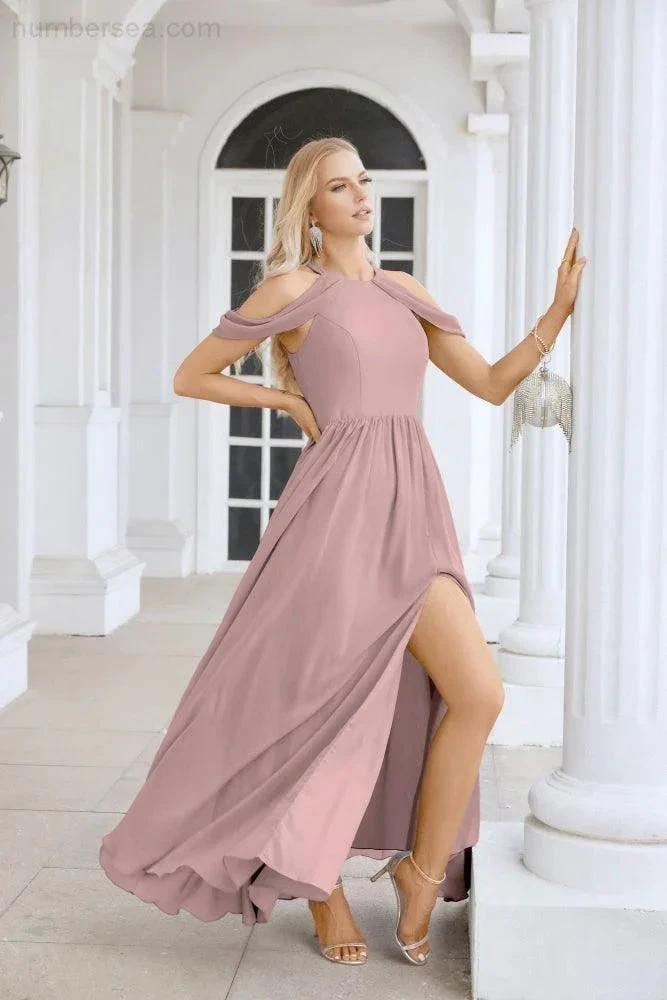 Ladies Chiffon Off Shoulder Swing Sleeve Front Slit Bridesmaid Evening Dress Wedding Party Evening Dress 28117 (ZD17011)