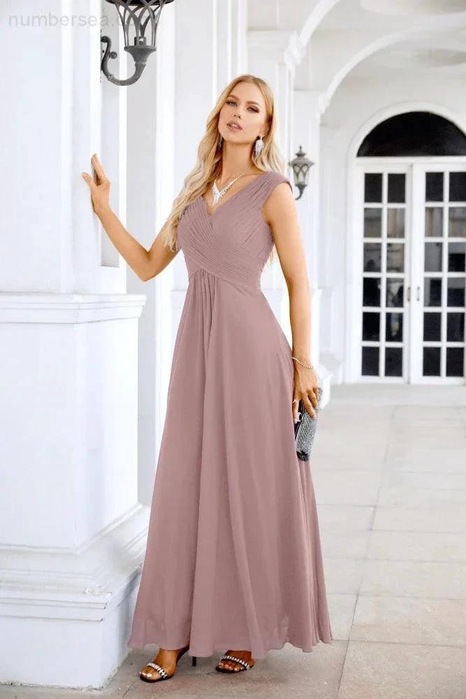 Ladies Chiffon V Neck Sleeveless Floor Length Bridesmaid Evening Dress Wedding Party Evening Dress 28126 (ZD16989)