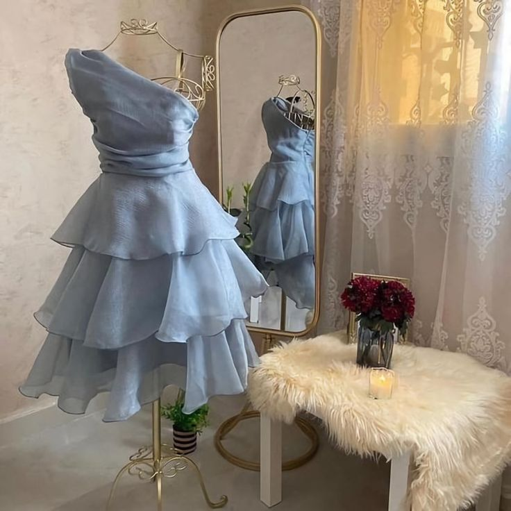 Elegant One Shoulder Blue Layered Homecoming Dress Mini Party Gown