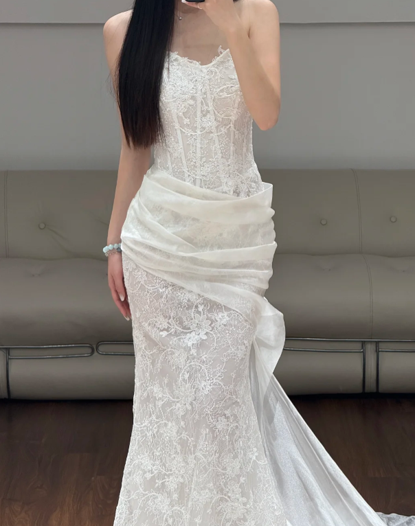 Sleeveless White Lace Wedding Dress Mermaid Classy Wedding Gowns  fg8679