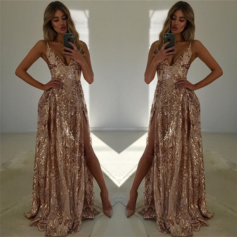 Spaghetti-Straps V-Neck Prom Dress Sequins Split Sleeveless Evening Gown - View 2 | VelvetHem