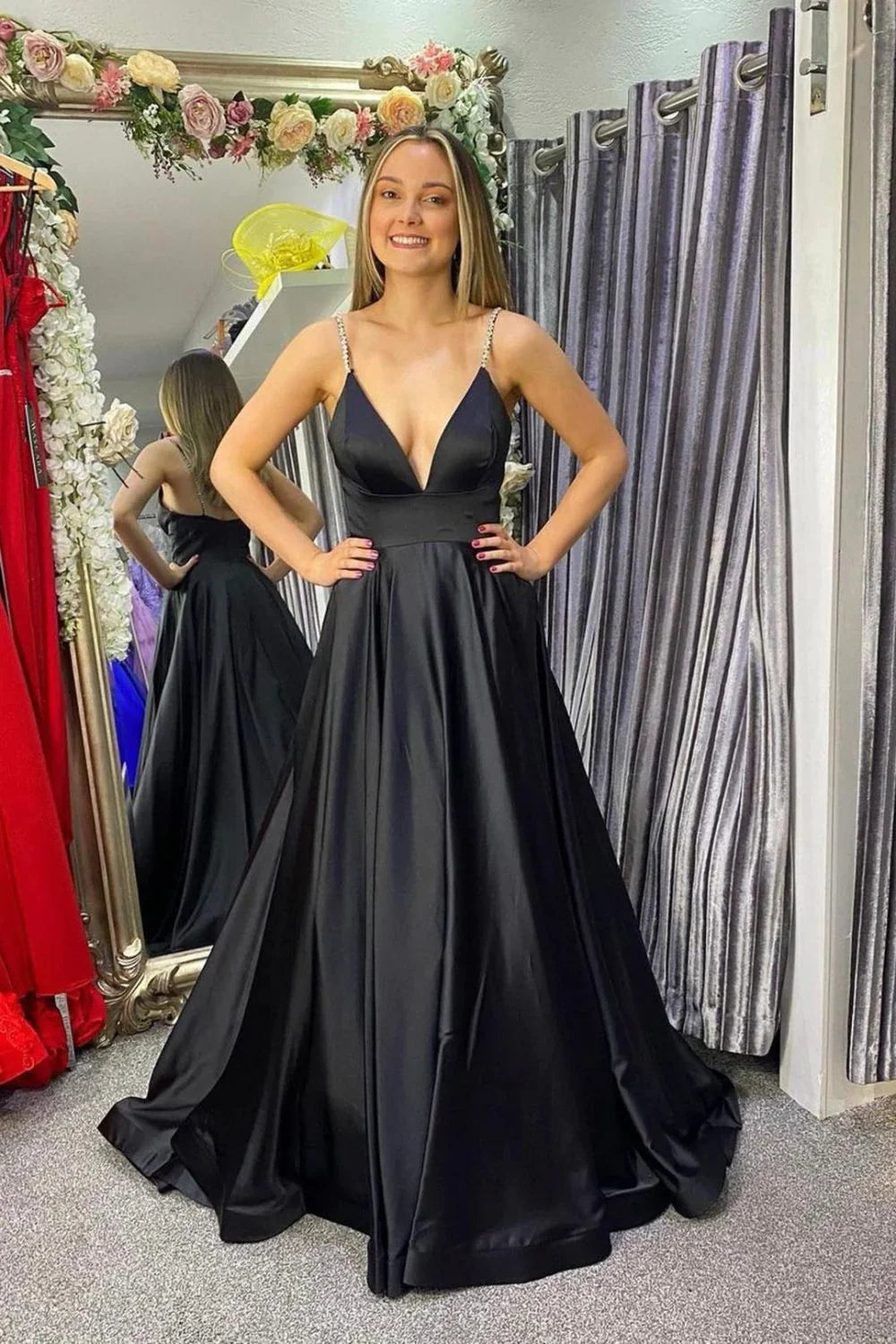 A Line Spaghetti Straps Black Long Prom Dress with Beading