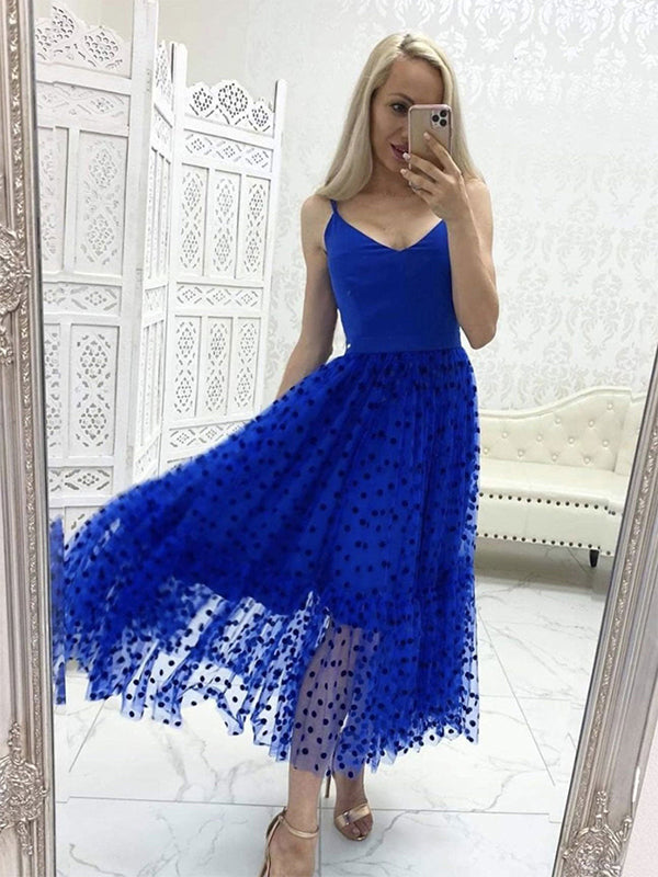 Blue A-Line V-Neck Tulle Tea-Length Prom Dress - FashionDia