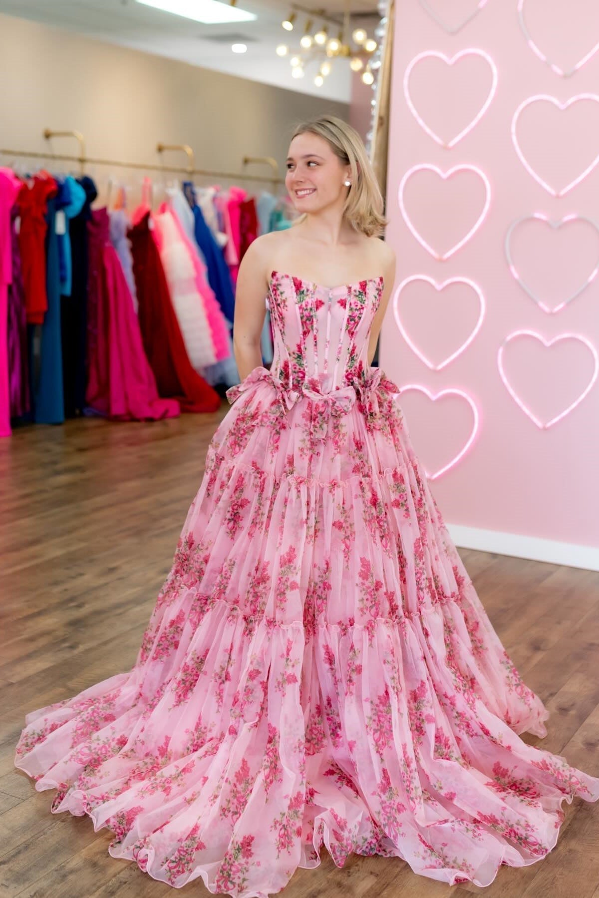 Charming Pink A-Line Strapless Long Print Tulle Prom Party Dress