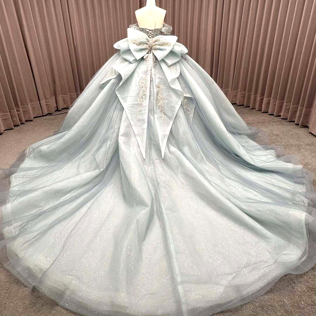 Luxurious A Line Off the Shoulder Light Blue Quinceanera Dress with Beading Bowknot