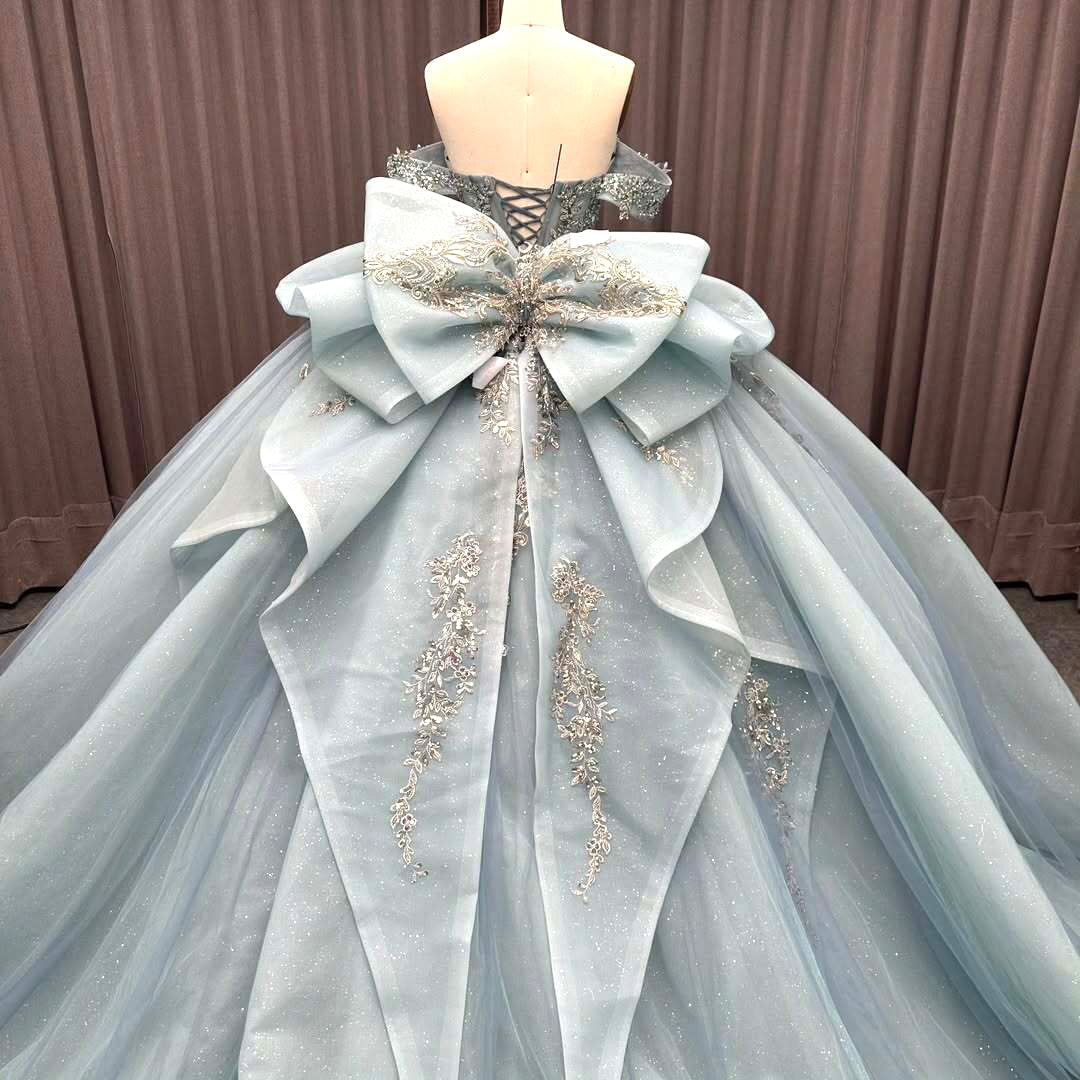 Luxurious A Line Off the Shoulder Light Blue Quinceanera Dress with Beading Bowknot