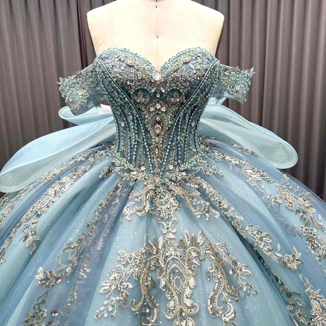 Luxurious A Line Off the Shoulder Light Blue Quinceanera Dress with Beading Bowknot