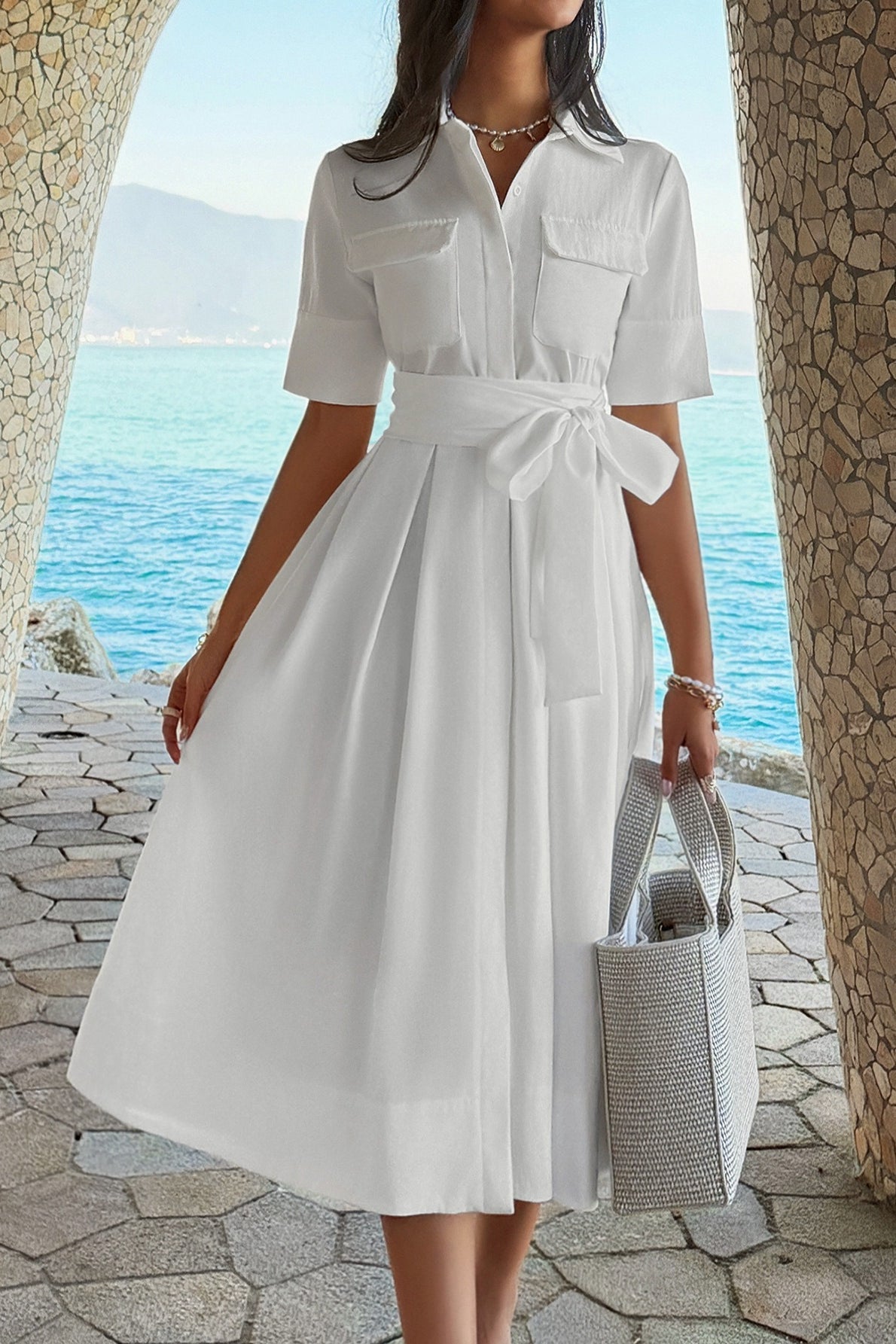 Casual Lapel Shirt Silhouette Loose Fit Midi Dress